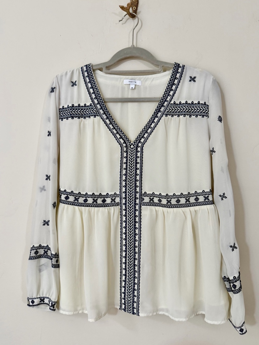 Maette Women’s Cream and Navy Embroidered Peasant Blouse